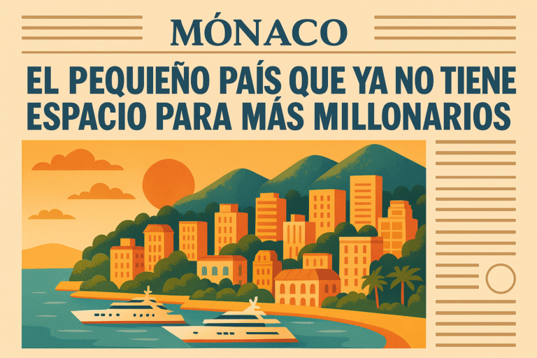 Ilustración estilo diario que representa Mónaco, con edificios lujosos, yates, el mar Mediterráneo y un titular de periódico en español