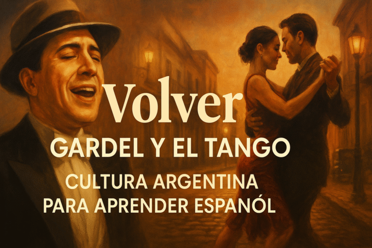 Carlos Gardel cantando tango, con una pareja bailando y una mujer con un mate en un entorno nostálgico – cultura argentina y aprendizaje del español