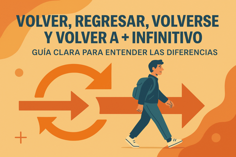 Ilustración de una persona volviendo, con flechas de regreso, para explicar los diferentes usos del verbo volver en español